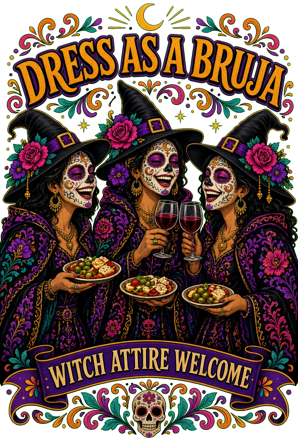 Three friends in witch hats and sugar-skull paint, sharing tapas. Dress as a bruja. Witch attire welcome.